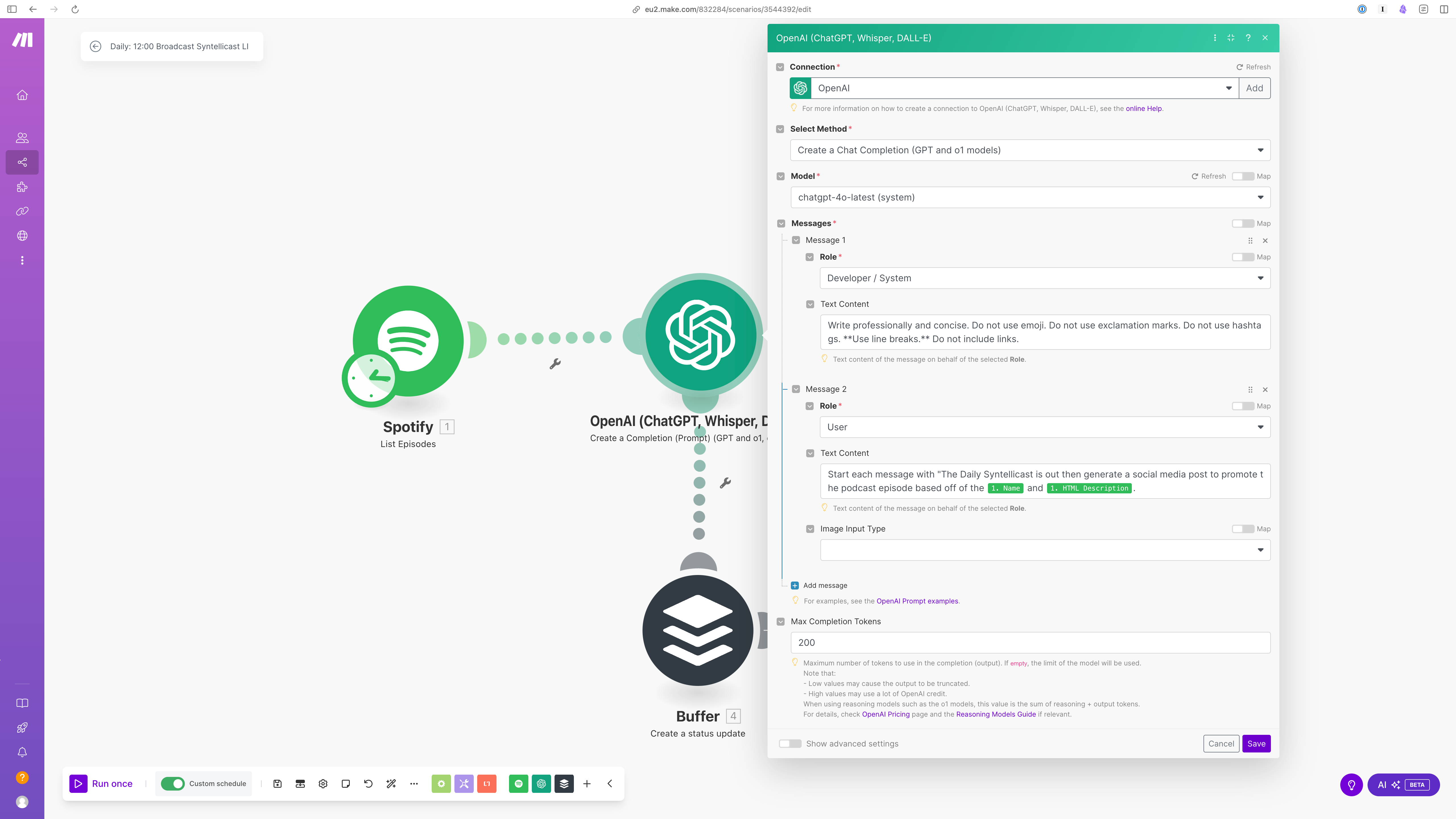 Screenshot showing make.com automation scenario