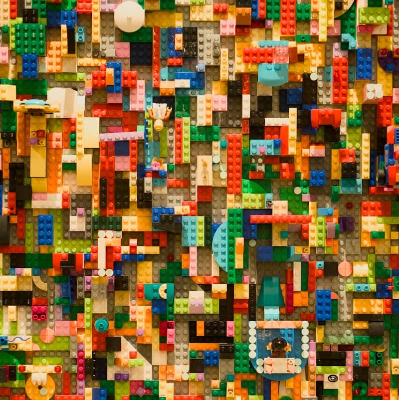 A colorful wall covered in building blocks