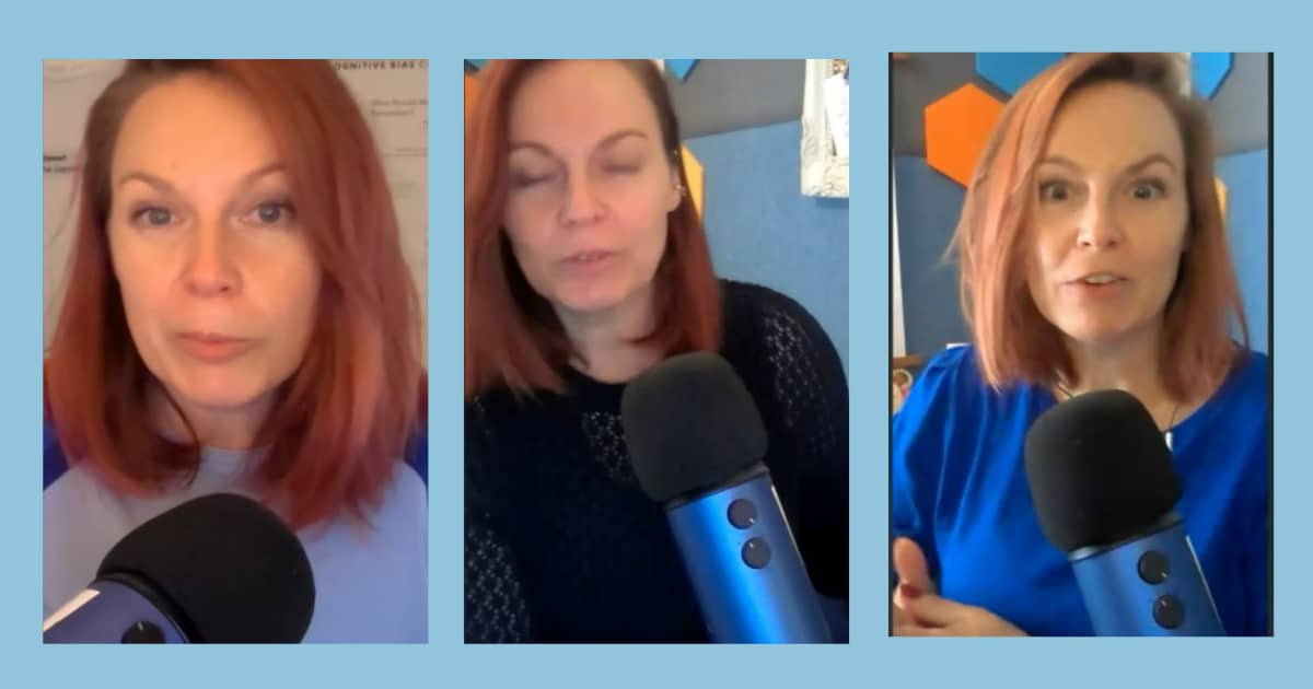 AI Mode conversation: give me an accessiblity sentence for thisYou sent: 1 image and said: give me an accessiblity sentence for thisgive me an accessiblity sentence for thisThree side-by-side video stills show a woman with shoulder-length red hair speaking into a blue microphone against different backgrounds.