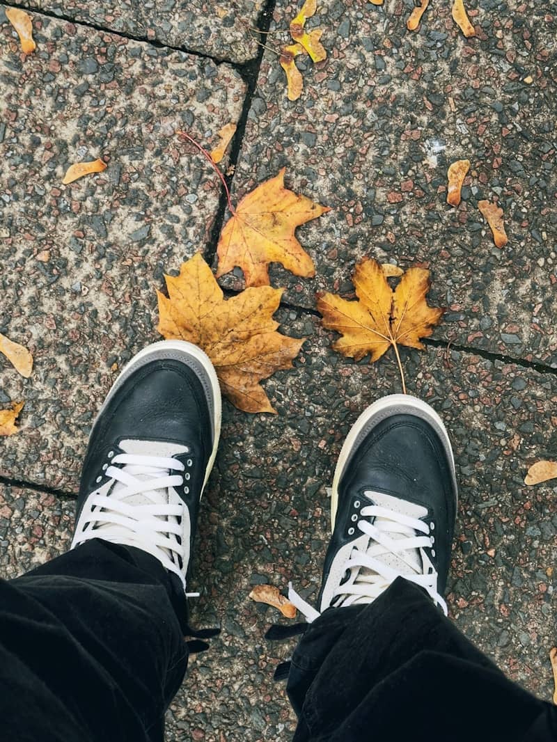 Feet in sneakers on pavement with fallen autumn leaves.