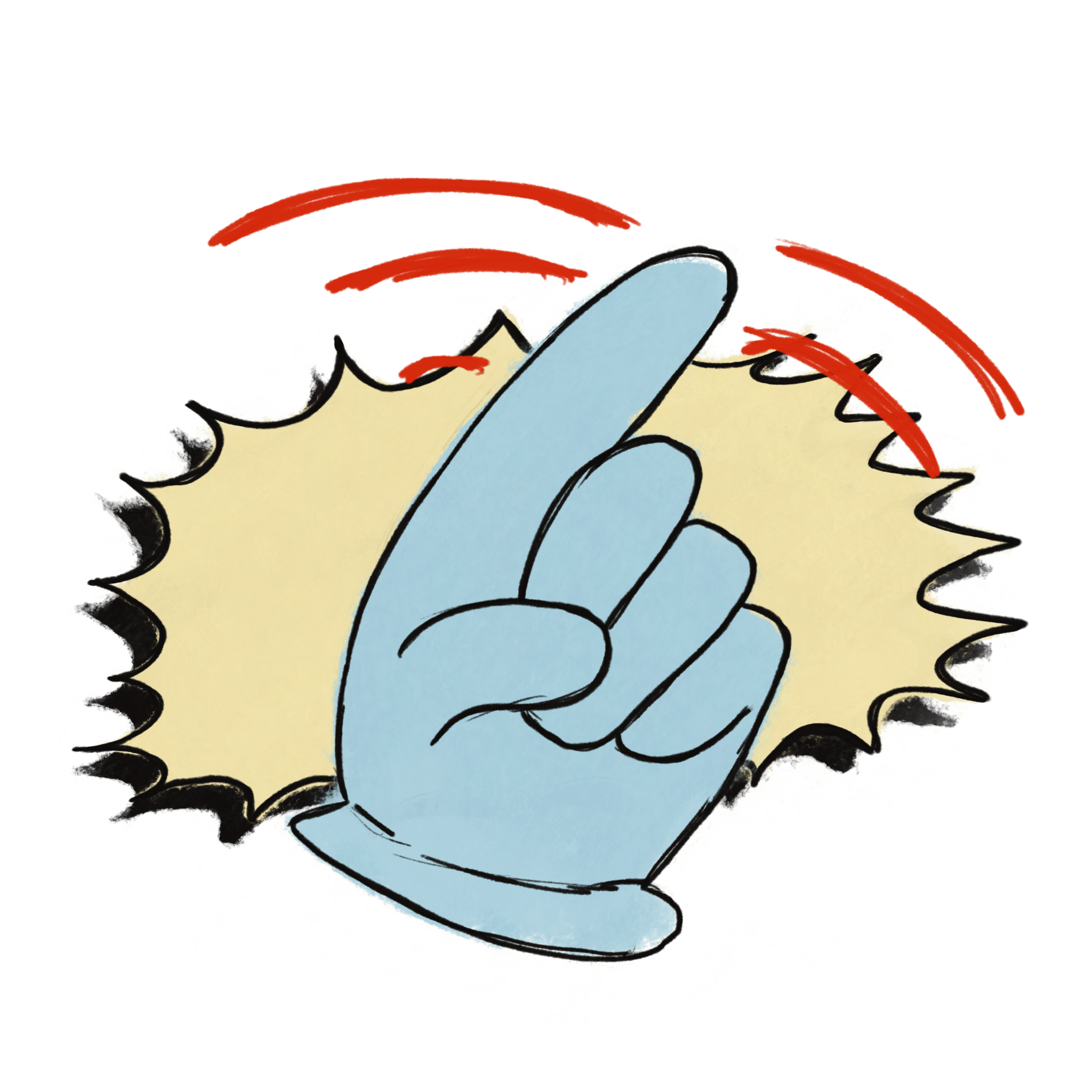 An illustration of a cartoon light-blue gloved hand with an index finger raised, featuring red curved motion lines above it to indicate a wagging "no-no" gesture against a pale yellow comic-style burst on a black background.