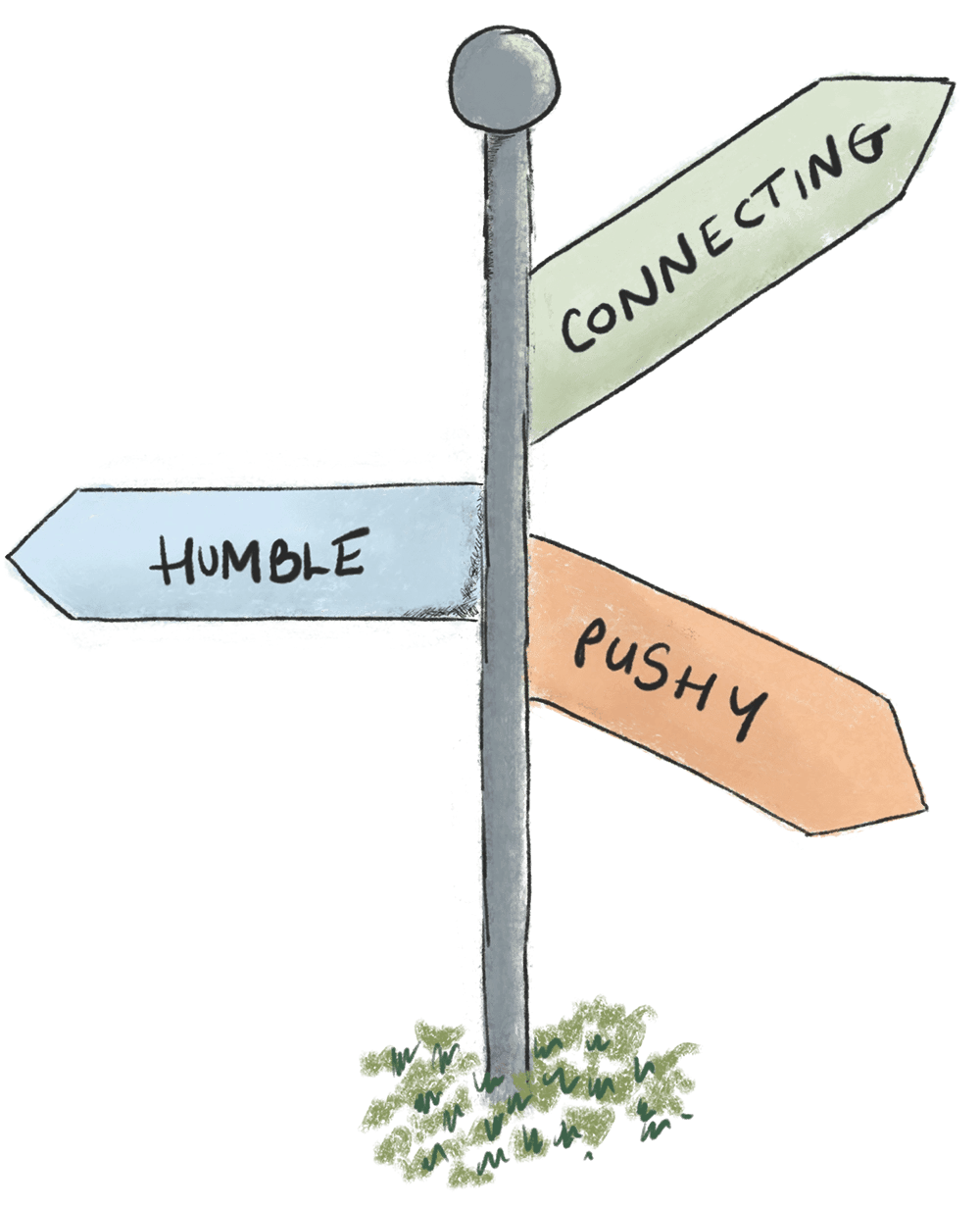 handdrawn image shows signpost pointing to three destinations - connecting, humble and pushy