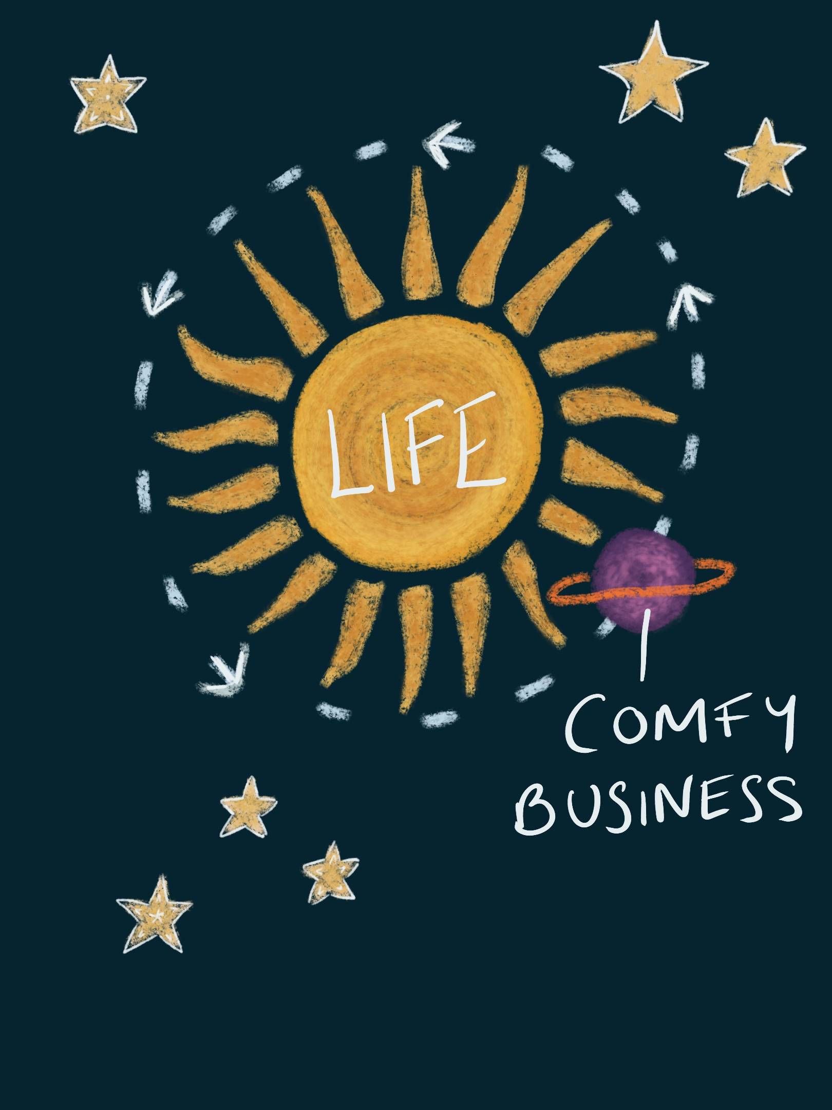Pastel drawing of sun labelled life being orbited by planet labelled comfy business