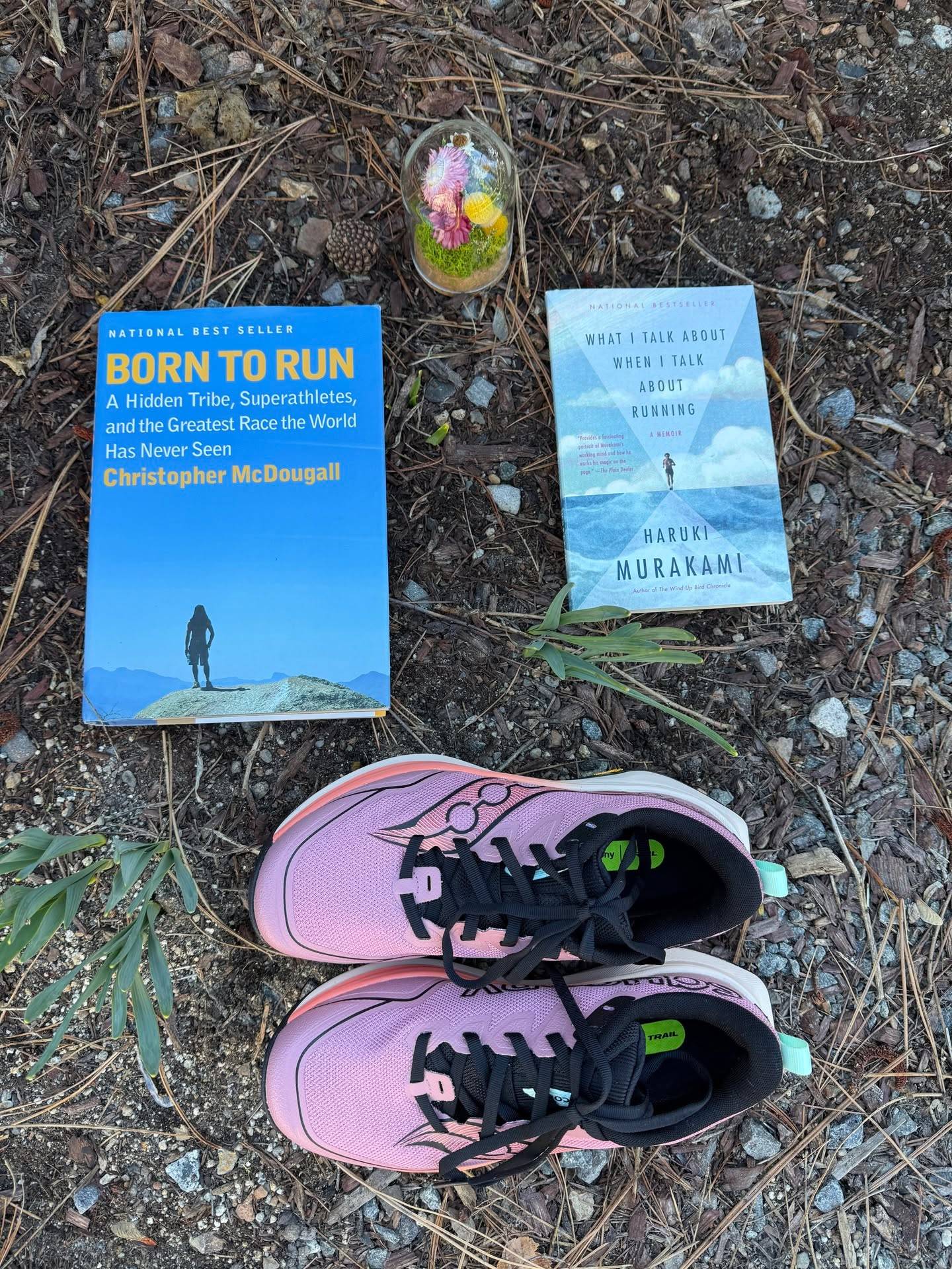 Spring has arrived way too early around here, but I'd be lying if I said I wasn't loving the early season trail running. Revisiting my favorite books about running and testing out my new pair of @saucony Peregrine 16s, which have been perfect for these definitely variable conditions! Link to the books and shoes, and super cute spring-like floral bookshelf decoration in bio! 🌱🌎📚