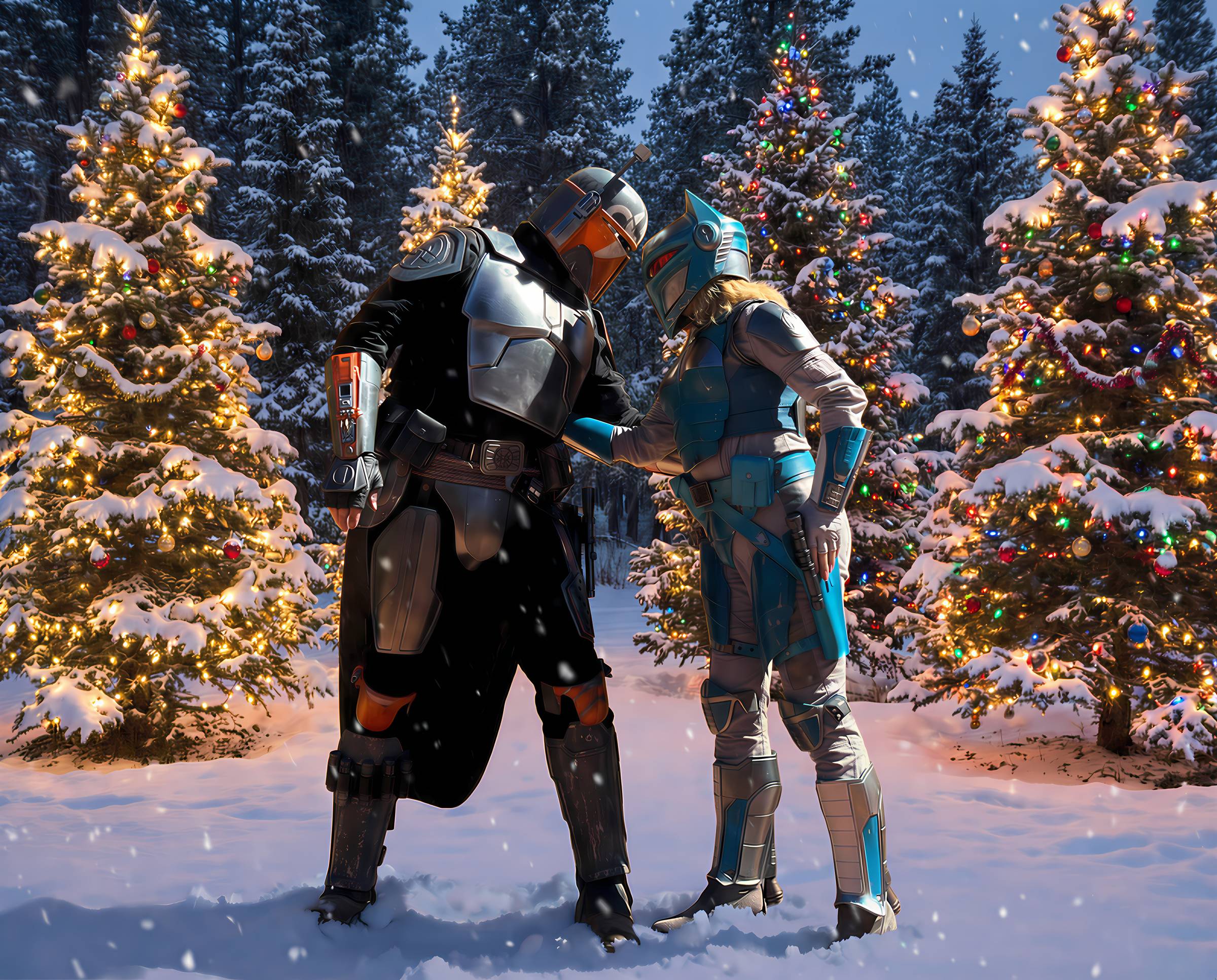 Keldabe Kiss with Mandalorians in Christmas Forest Scene