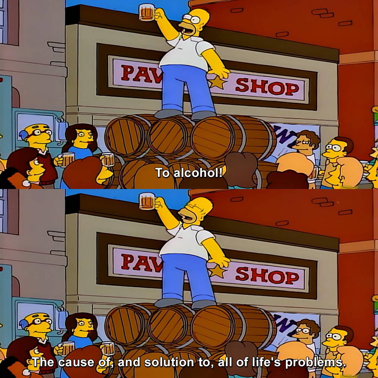 Plaatje uit de serie the simpsons van homer die zegt "“To alcohol! The cause of, and solution to, all of life’s problems.”