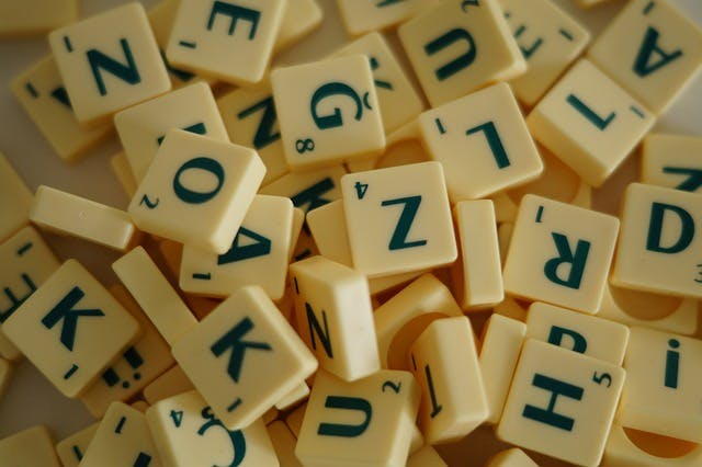 Close-up of a pile of scrabble letters.