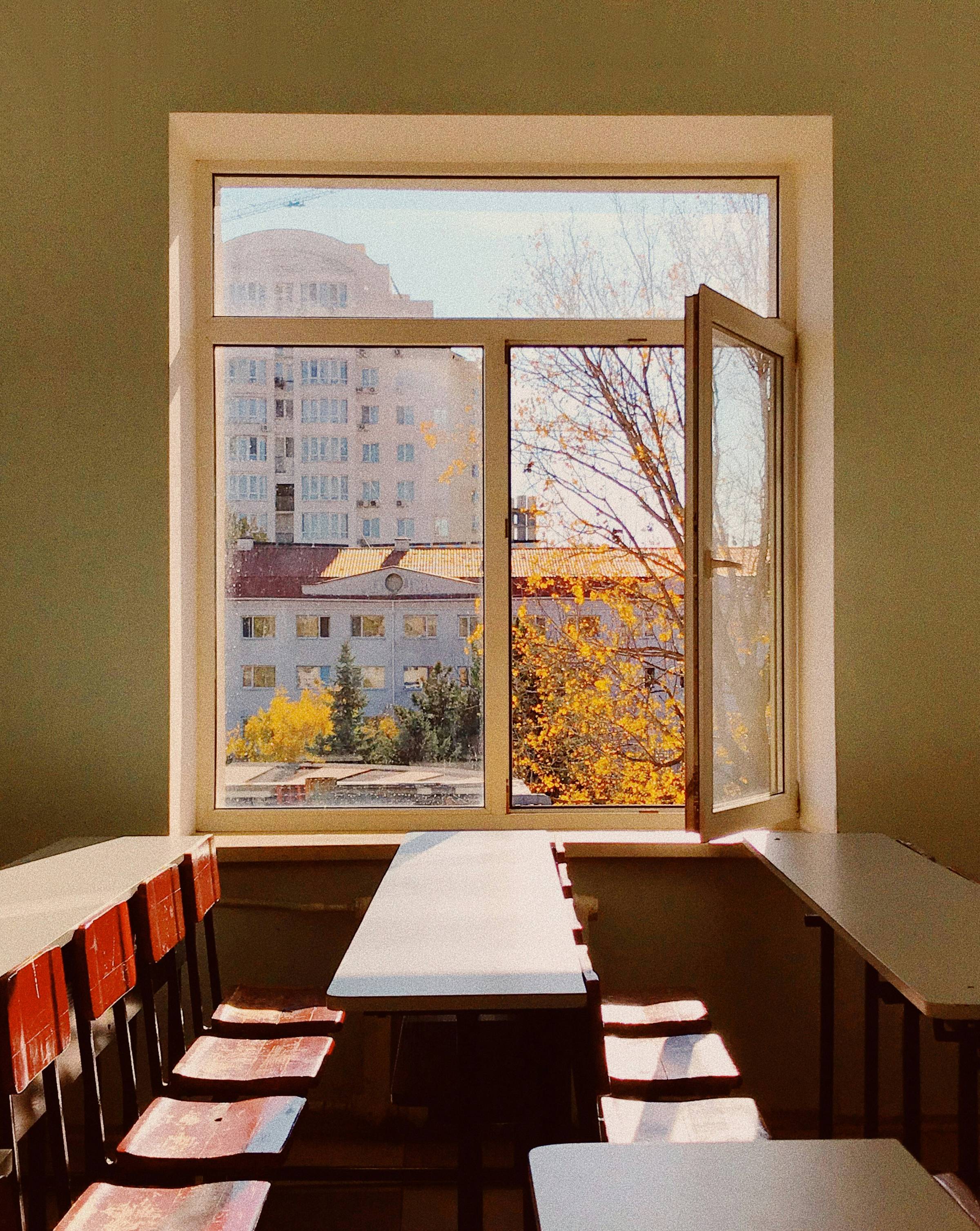 An open window in a classroom