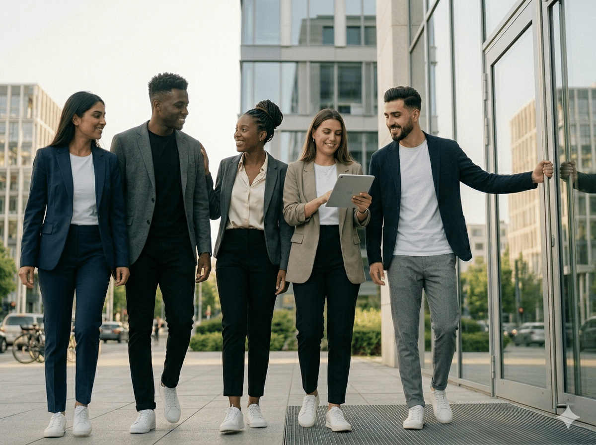 modern image of young adults accepting an opportunity in an urban setting