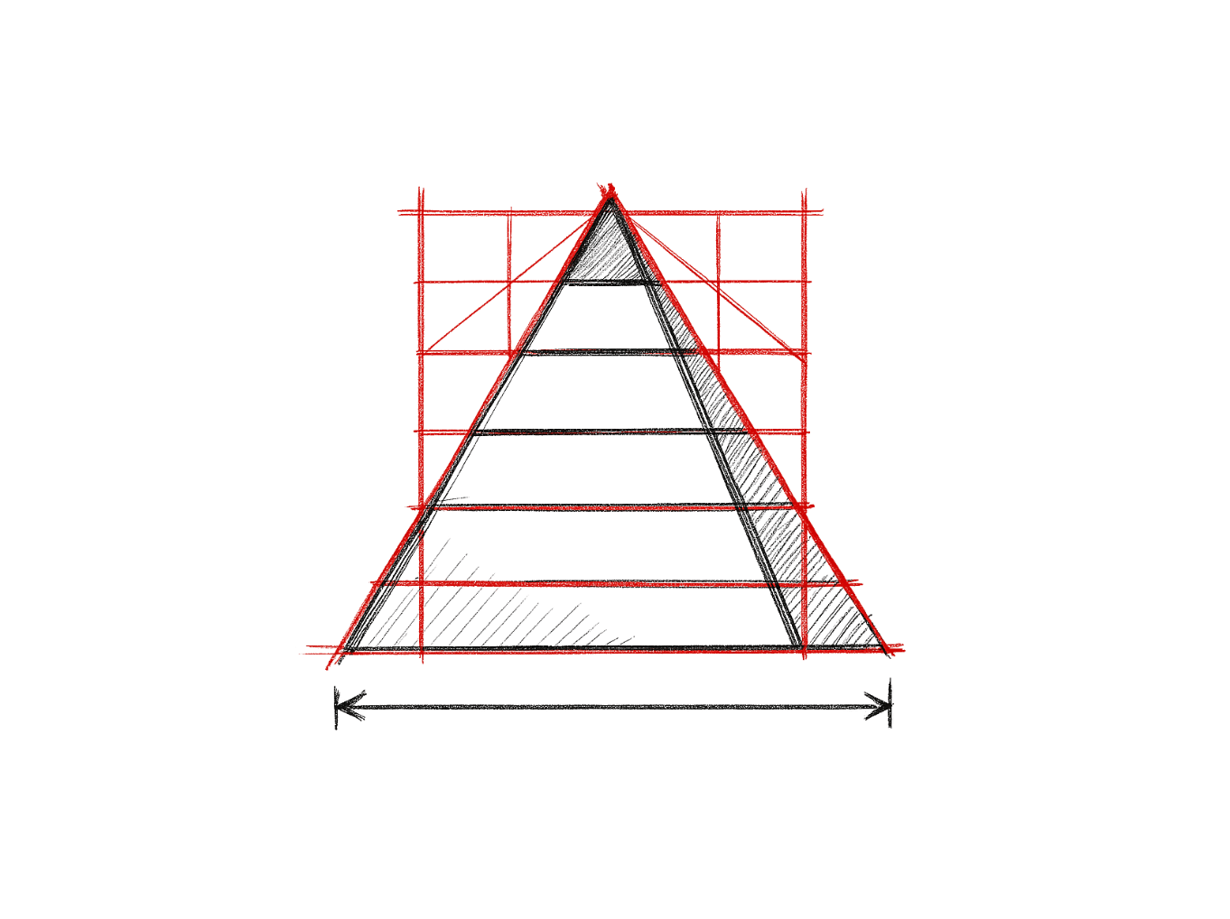 Hand-drawn sketch of a pyramid overlaid with red scaffolding lines, illustrating structured thinking and the Outcomes Pyramid framework used in strategic pitching.