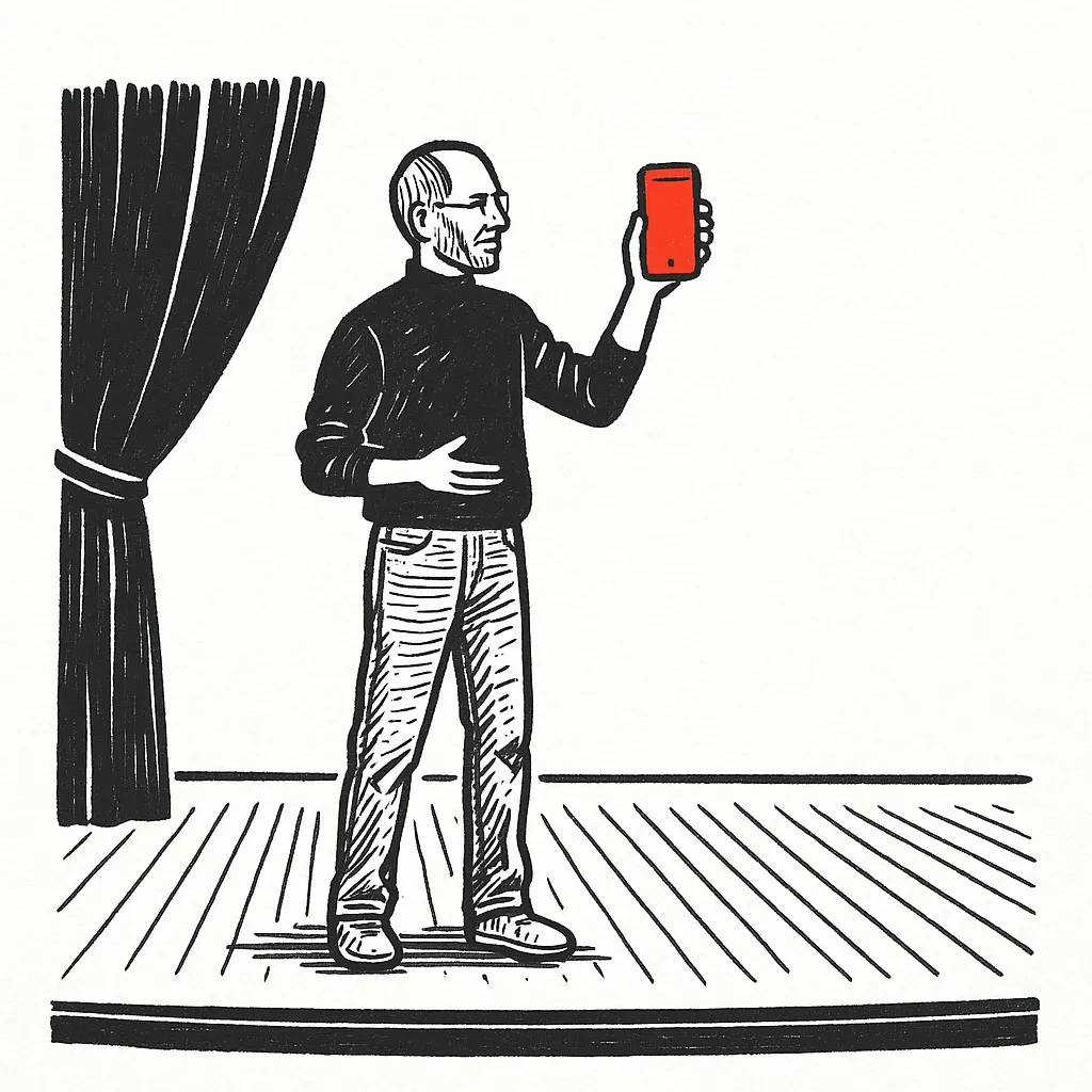 Hand-drawn sketch of a man, Steve Jobs, in a black turtleneck standing on a stage holding up a red smartphone. He stands beside a curtain, mid-presentation, in a minimalist black and white style with a single red accent.