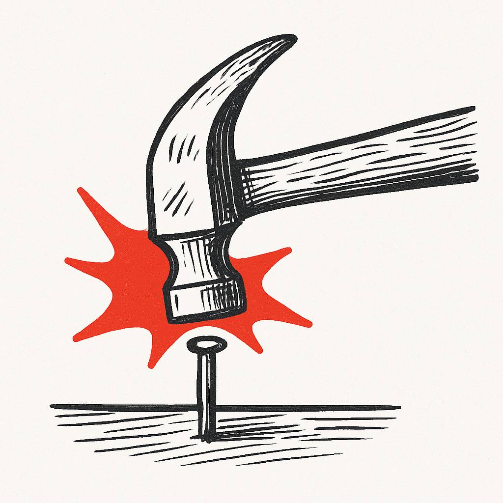Hand-drawn sketch of a hammer hitting a nail on the head with a red impact burst behind the point of contact—symbolising precision, clarity, and hitting the mark.