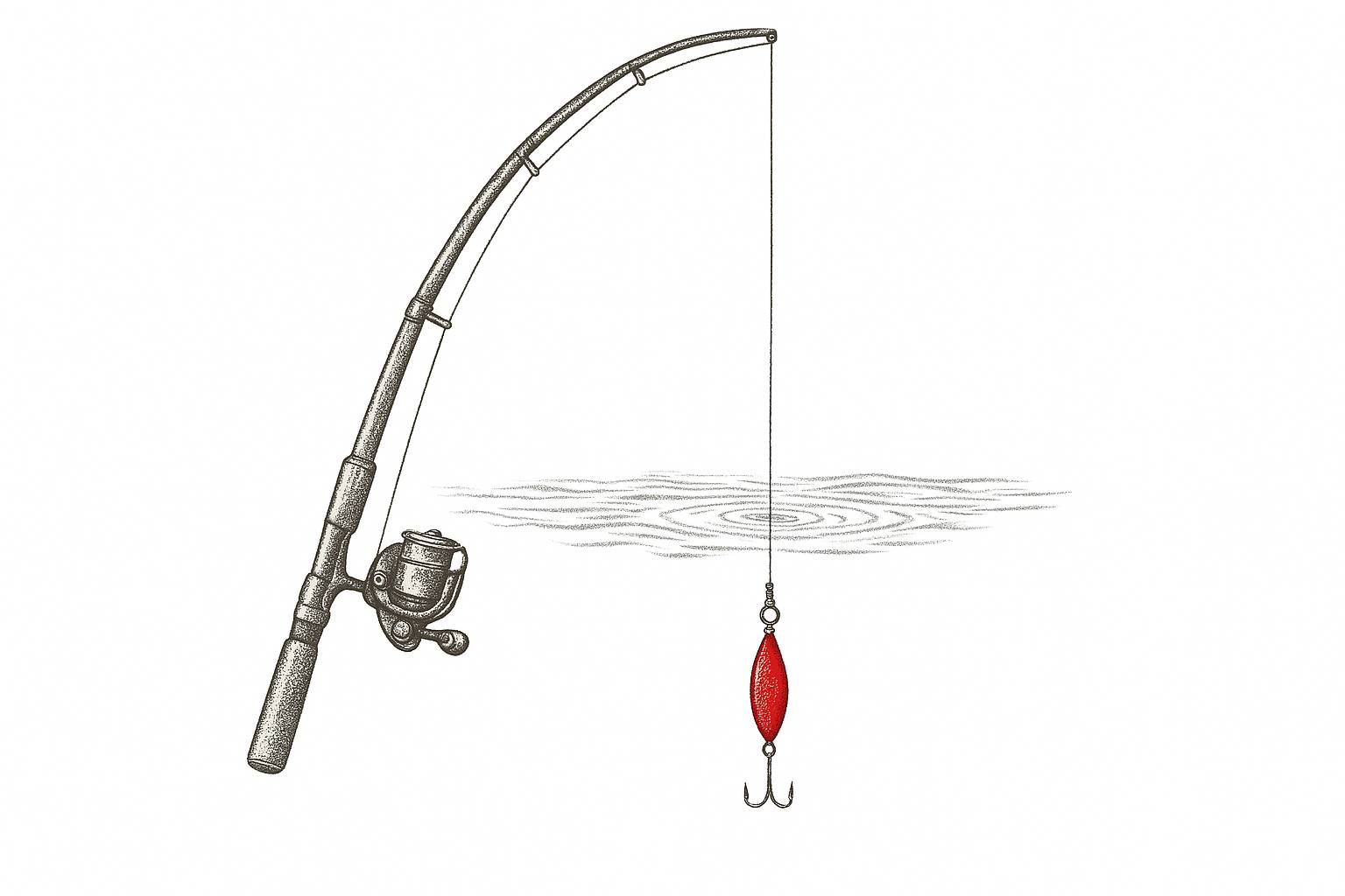 Hand-drawn sketch of a fishing rod with a red hook suspended above rippling water. A visual metaphor for preparation versus real-time skill in pitching.