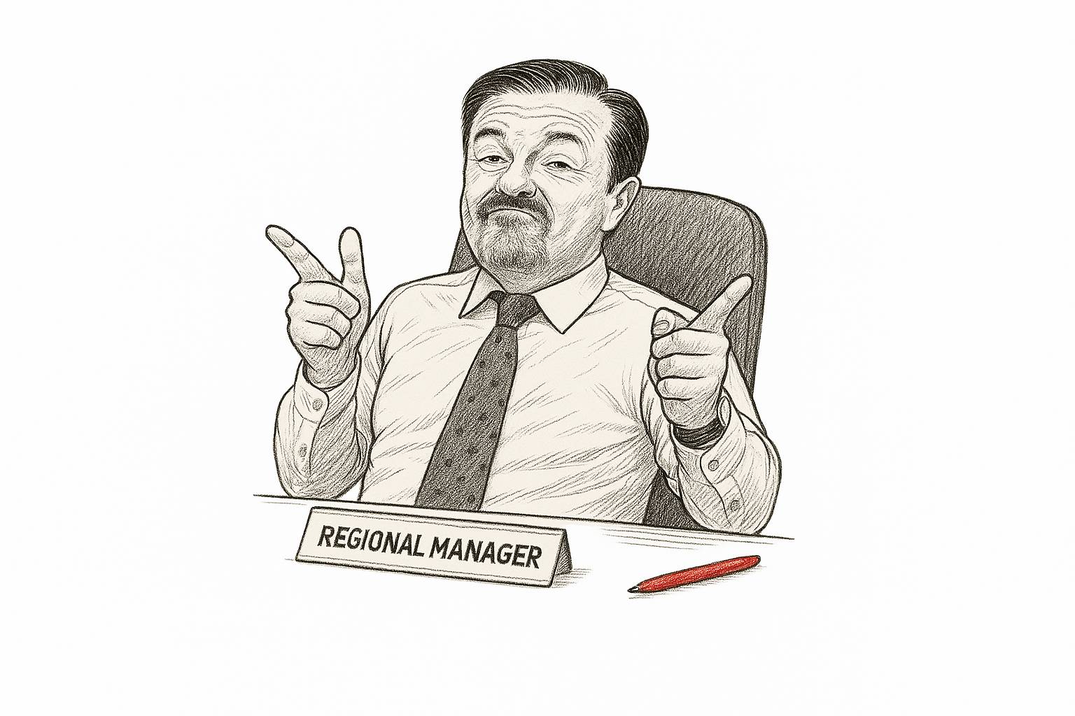 Hand-drawn sketch of a smug-looking office manager seated at a desk with a "REGIONAL MANAGER" nameplate and a red pen. His confident, authoritative expression and finger-gun gesture add a satirical edge—an homage to David Brent from The Office.