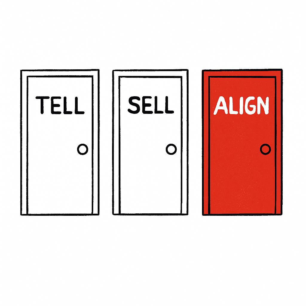 Hand-drawn illustration of three doors labeled 'TELL', 'SELL', and 'ALIGN', with the 'ALIGN' door shaded in red to signify the preferred or evolved choice.