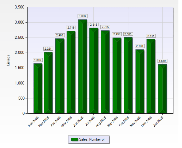 Bar chart illustrating local home sales trends over time.