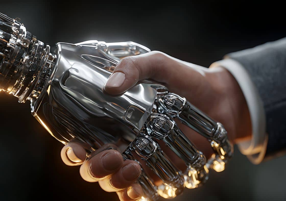 Robot and human shaking hands representing how AI can help farms and farmers