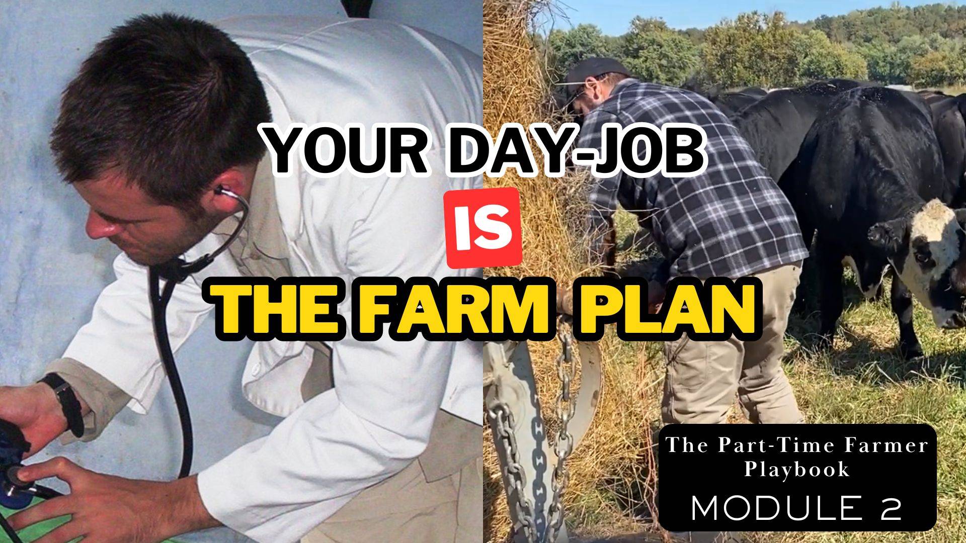 Jason Feyerherd working as a PA on the left and doing farm work with cattle on the right — The Part-Time Farmer Playbook Module 2: Get Your Financial House in Order