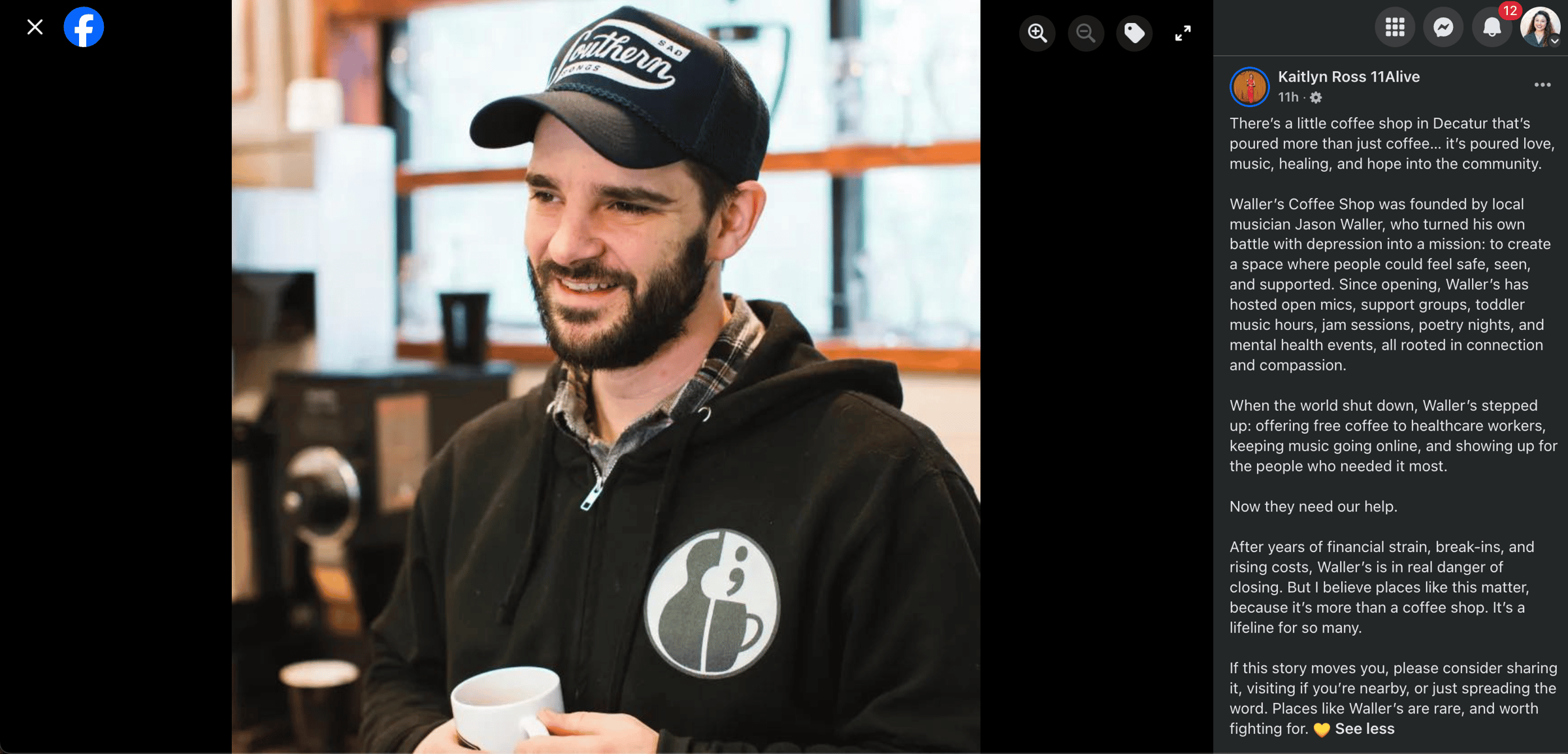 Photo of Jason Waller of Waller's coffee shop in Decatur, GA and their fundraising message from Kaitlyn Ross from 11Alive. 