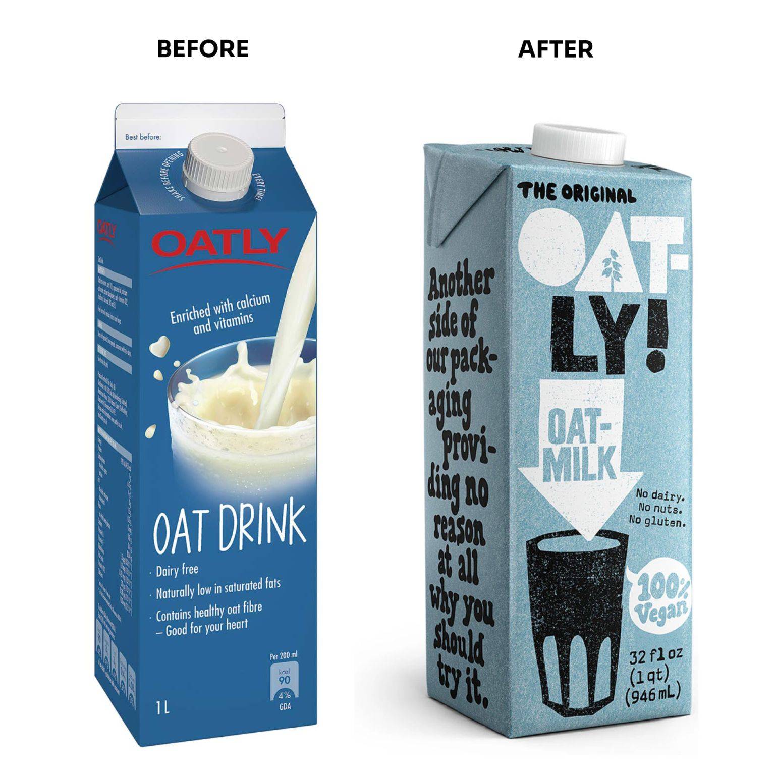 Before-and-after image of Oatly oat milk packaging, showing a shift from a traditional blue carton with product claims to a minimalist, bold design focused on brand personality and simplicity.