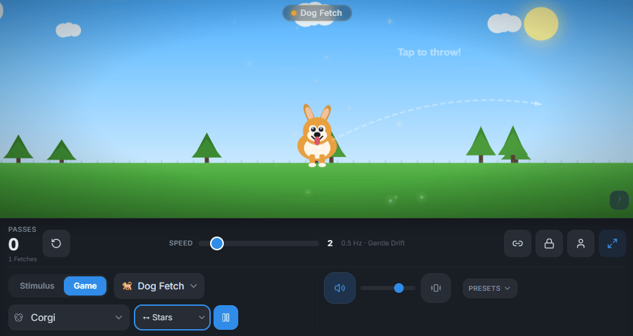 a screenshot from the BLS arcade of mode "dog fetch" where bilateral stimulation for EMDR is 