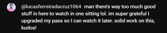 NP Virtual Summit Live Chat Comment: man there's way too much good stuff in here to watch in one sitting lol. im super grateful I upgraded  my pass so I can watch it later. solid work on this, kudos!