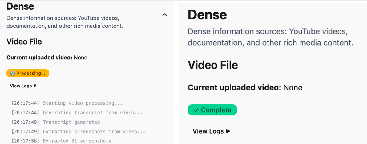 Images of video processing ui showing a processing state and log and then compleded status