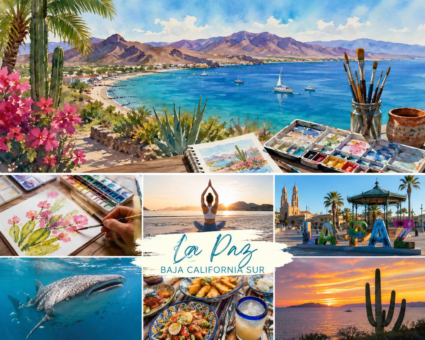 Watercolor retreat collage with La Paz waterfront, painting supplies, yoga, and colorful Baja scenery.