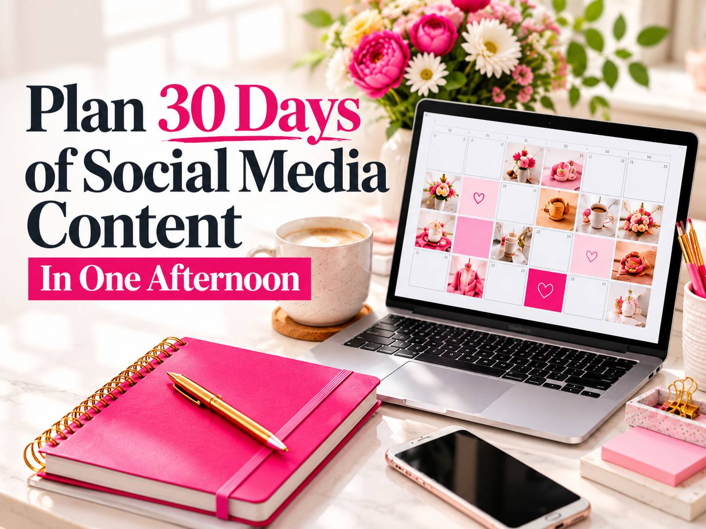 Bright pink social media planning workspace with a laptop displaying a monthly content calendar, pink notebook, coffee, and flowers. Text reads “Plan 30 Days of Social Media Content in One Afternoon.”