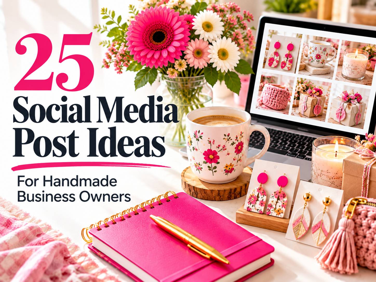 Handmade business workspace with jewelry, a floral mug, laptop displaying product photos, pink notebook, and the headline 25 Social Media Post Ideas for Handmade Business Owners.