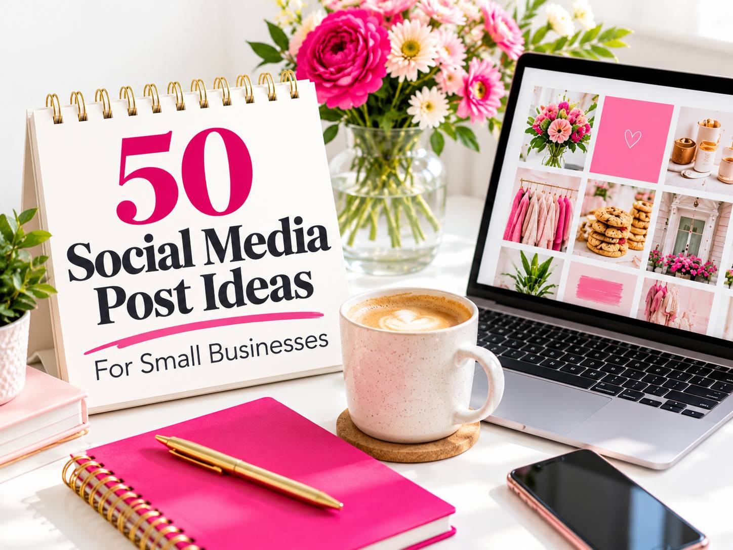 Notebook displaying “50 Social Media Post Ideas for Small Businesses” beside a laptop, coffee, and pink stationery on a bright workspace desk.
