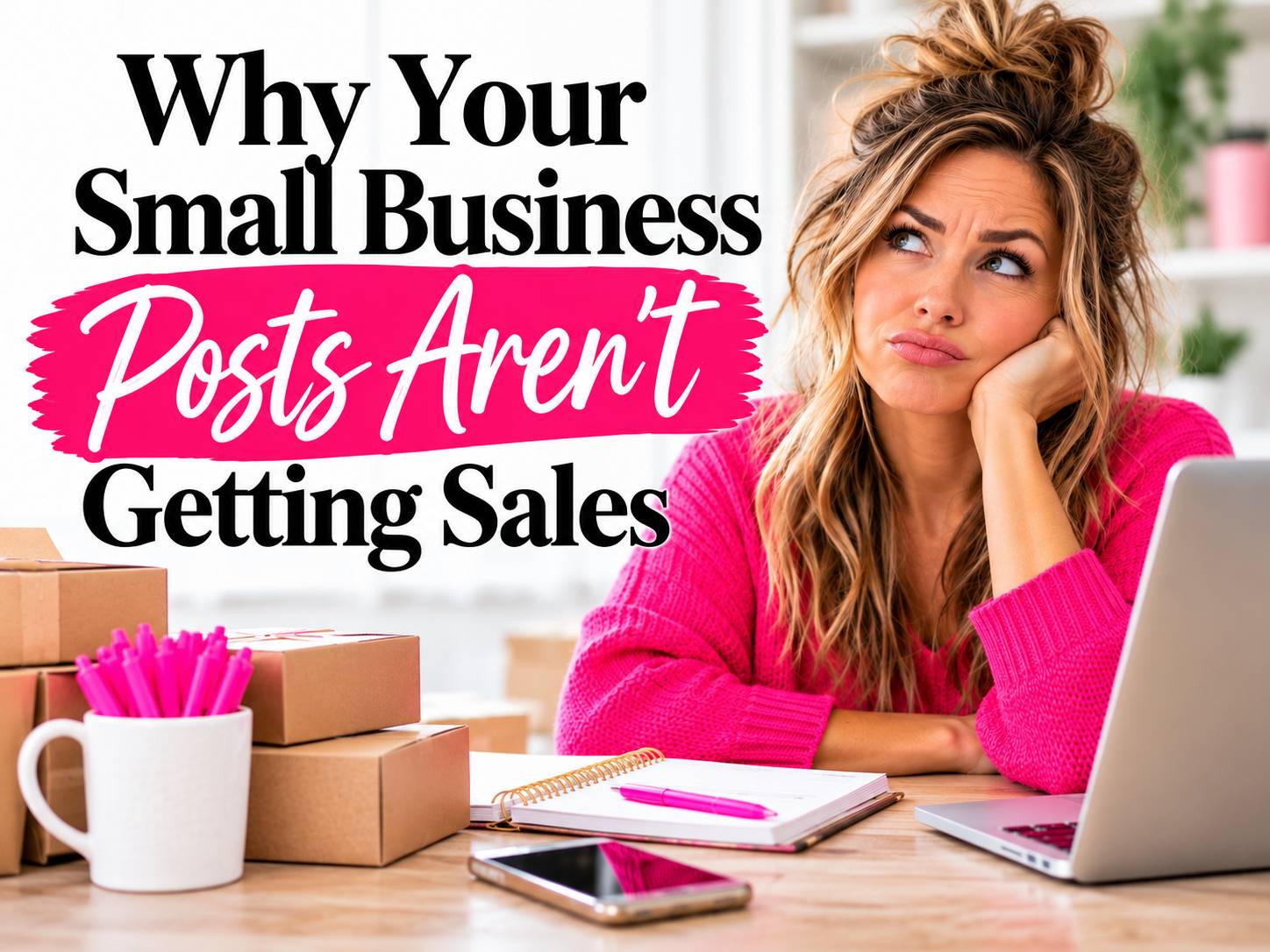 Woman in a bright pink sweater looking frustrated at her laptop, surrounded by shipping boxes, with text reading “Why Your Small Business Posts Aren’t Getting Sales.”