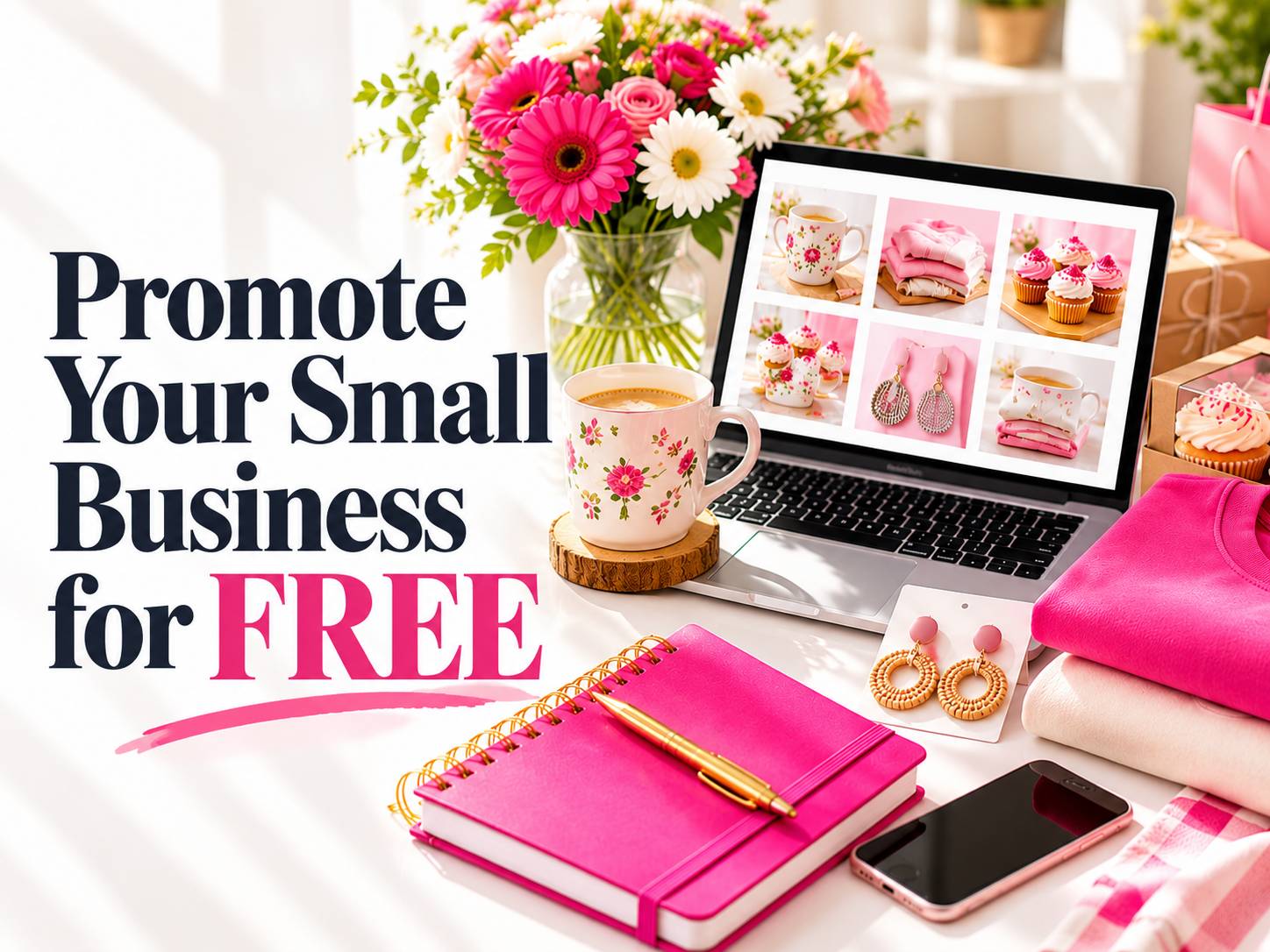 Bright small-business workspace with a laptop displaying handmade products, pink notebook, coffee, flowers, and the headline “Promote Your Small Business for FREE.”