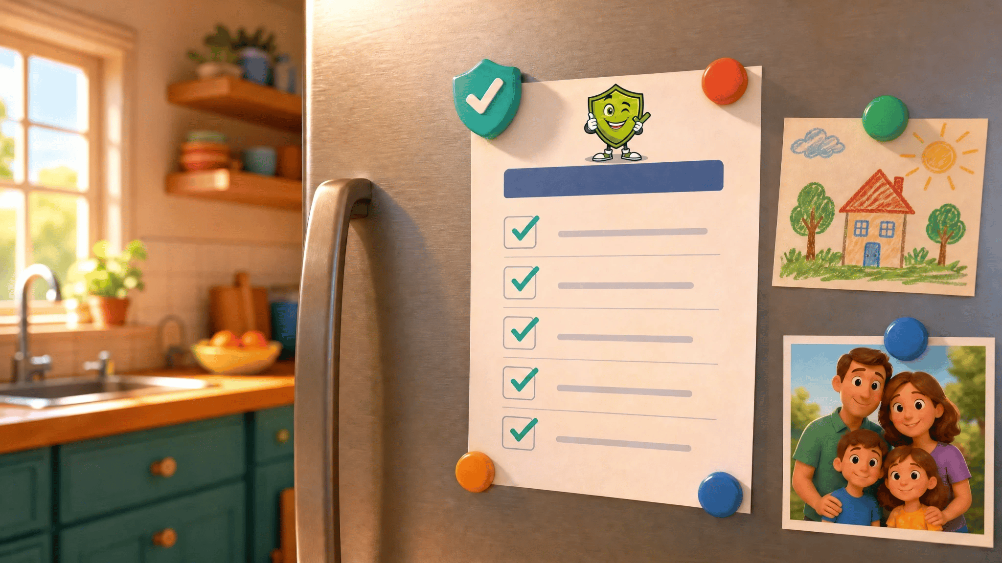 A checklist held by magnets on a family fridge, next to a child's drawing and a family photo