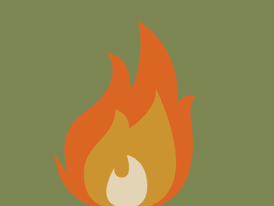Graphic of a fire in three colors against a forest green background