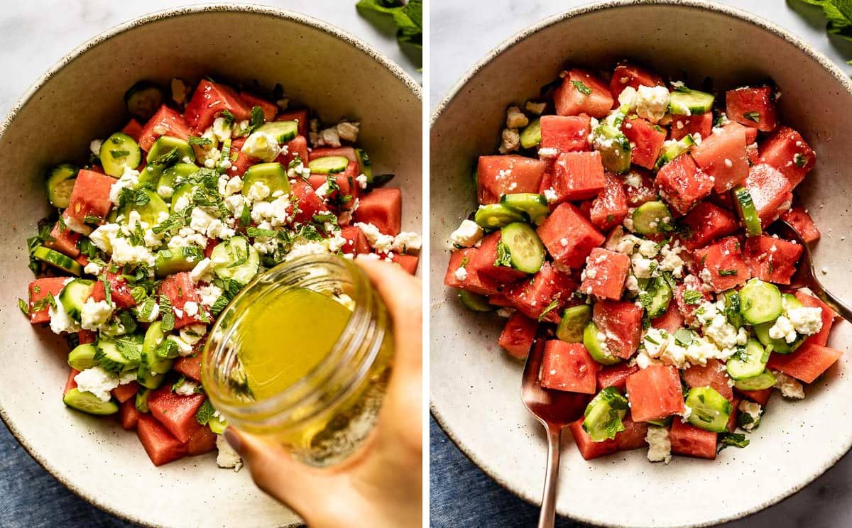 Watermelon cucumber mint salad from the top view.