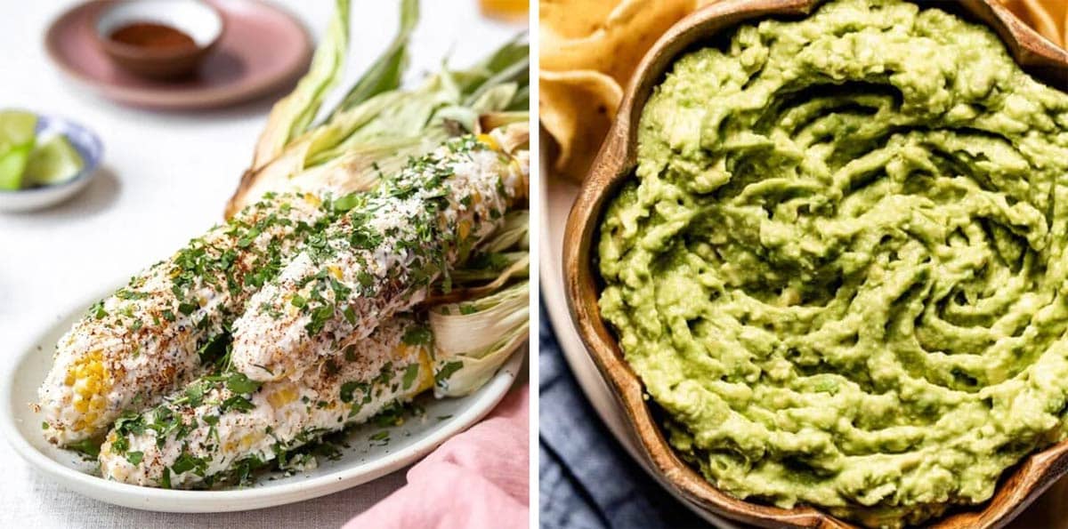 Mexican street corn and guacamole.