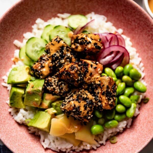 Sesame crusted salmon over rice.