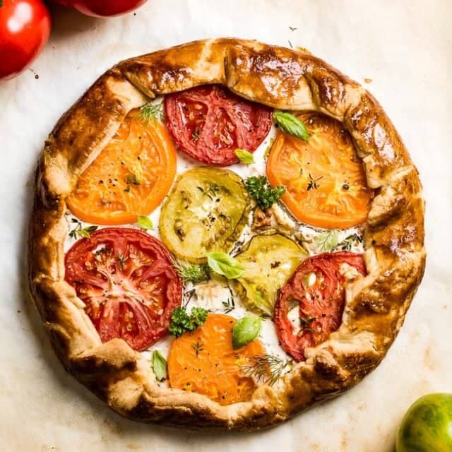 Heirloom tomato galette on a baking dish