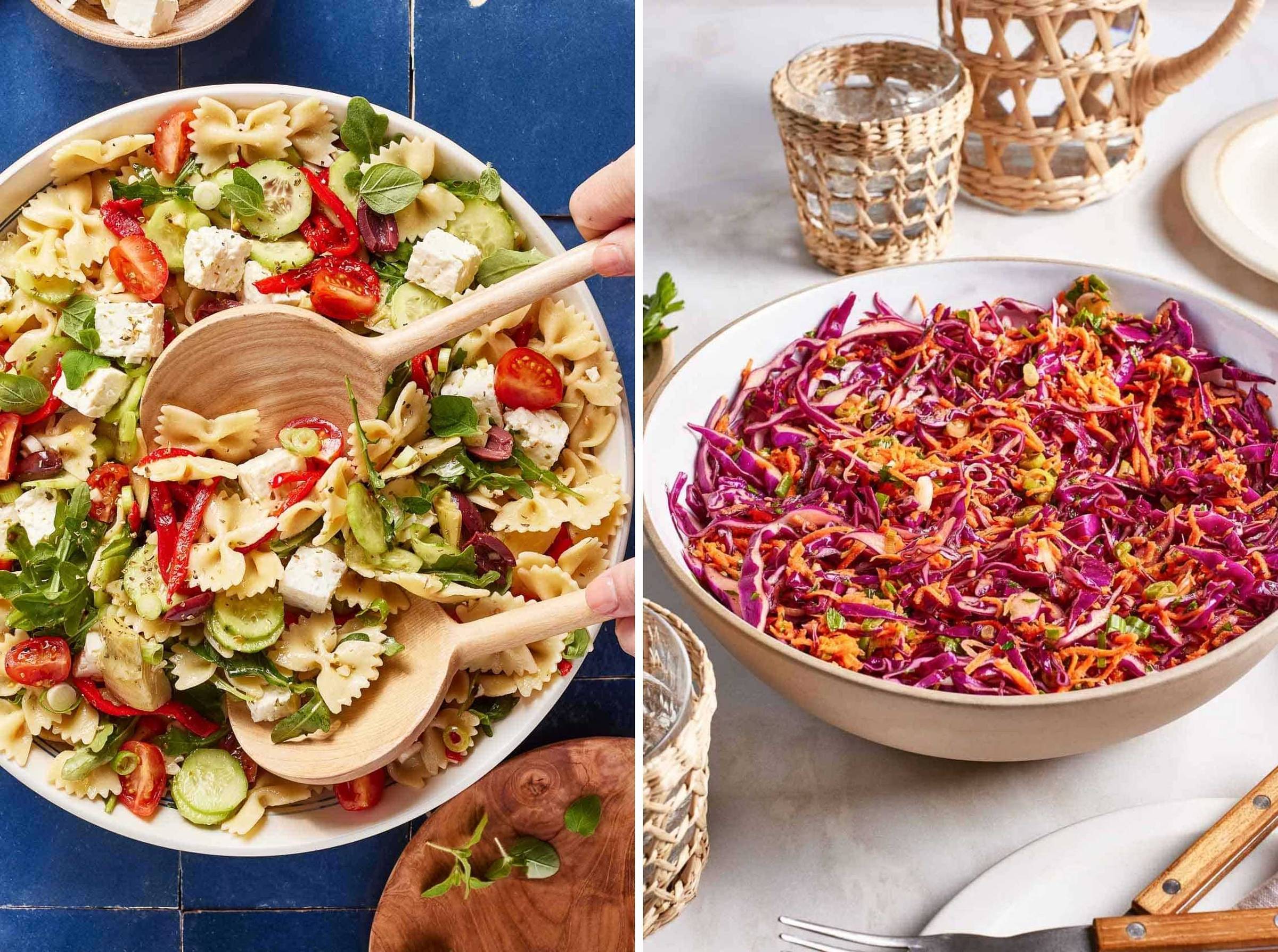 Mediterranean pasta salad and red cabbage slaw in two separate bowl
