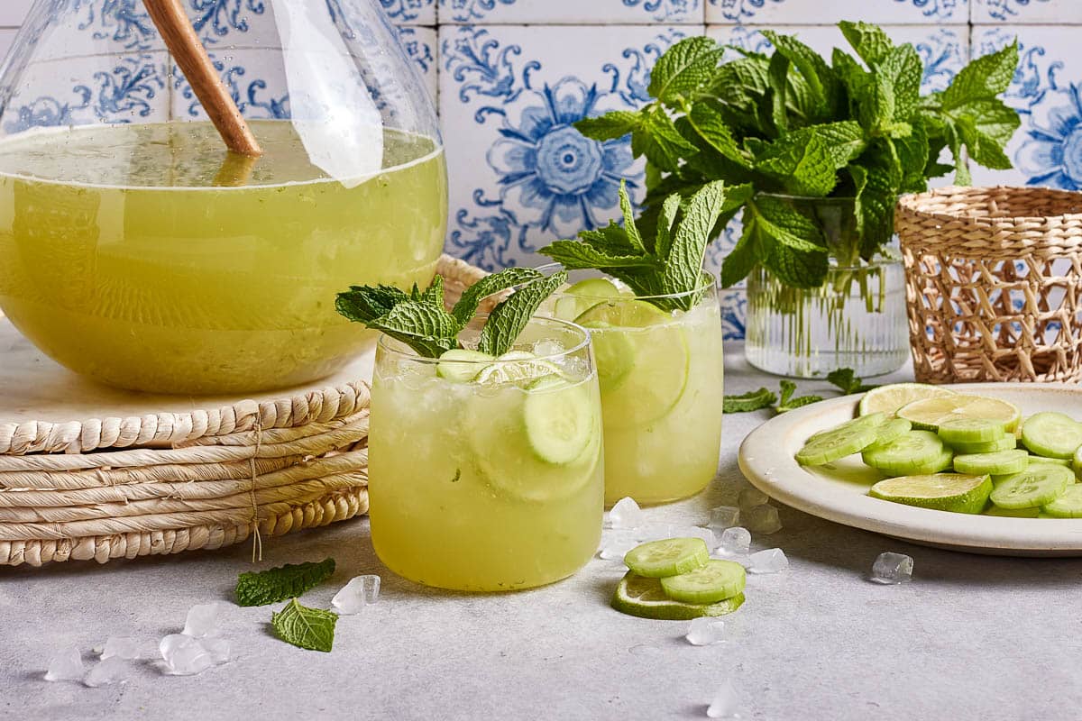 CAVA's cucumber mint lime drink in glasses.