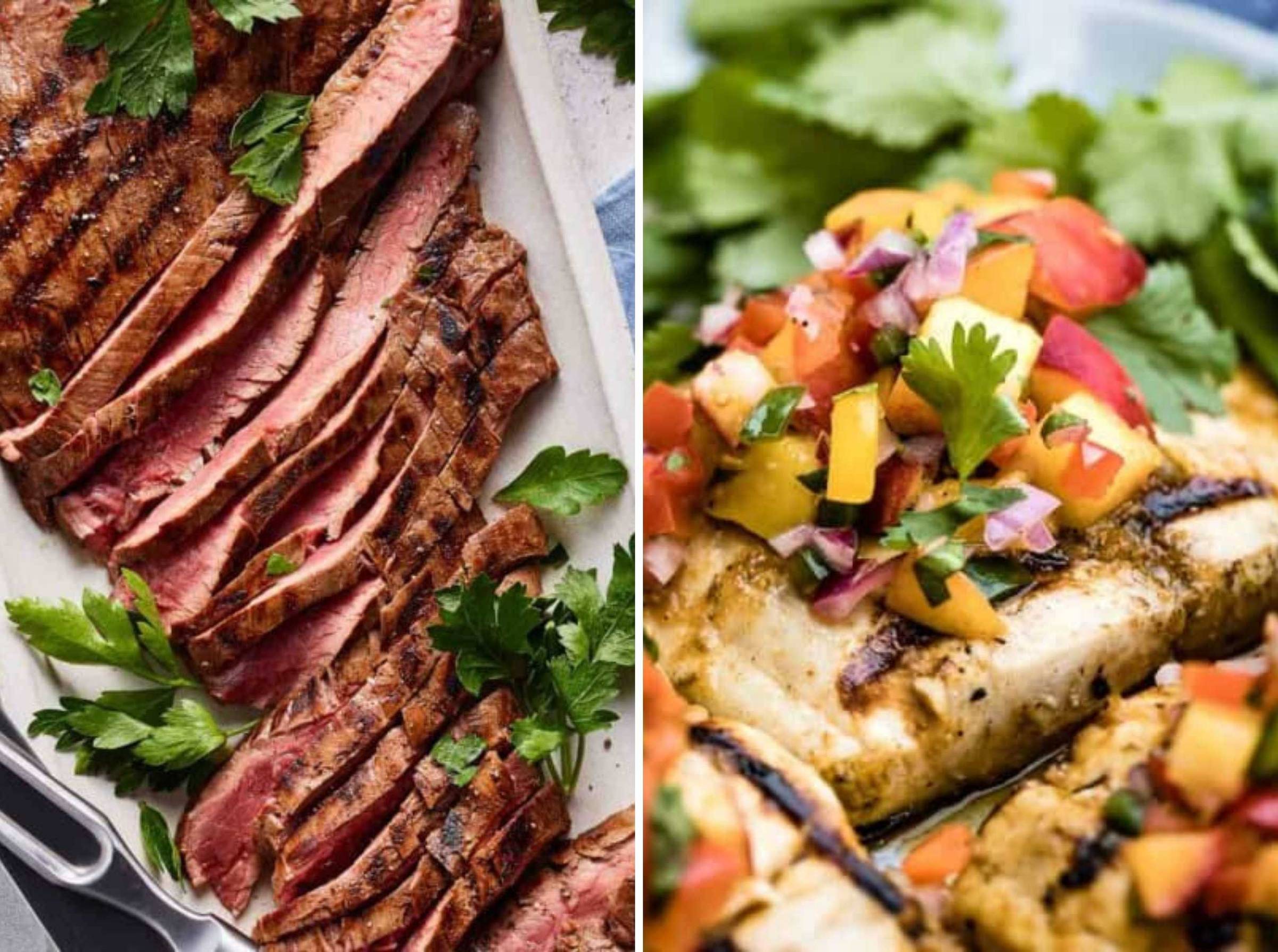 Marinated flank steak and grilled mahi mahi on two separate plates
