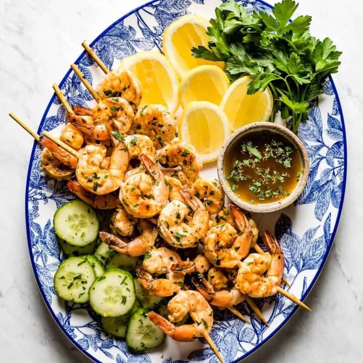 Grilled shrimp skewers on a plate