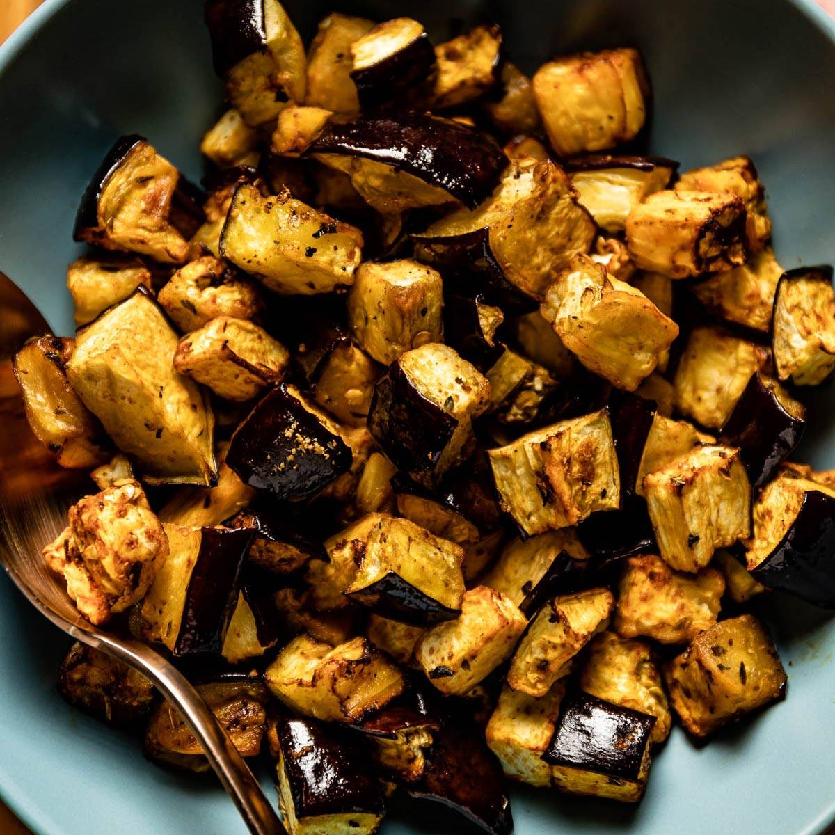 Air fryer eggplant in a bowl