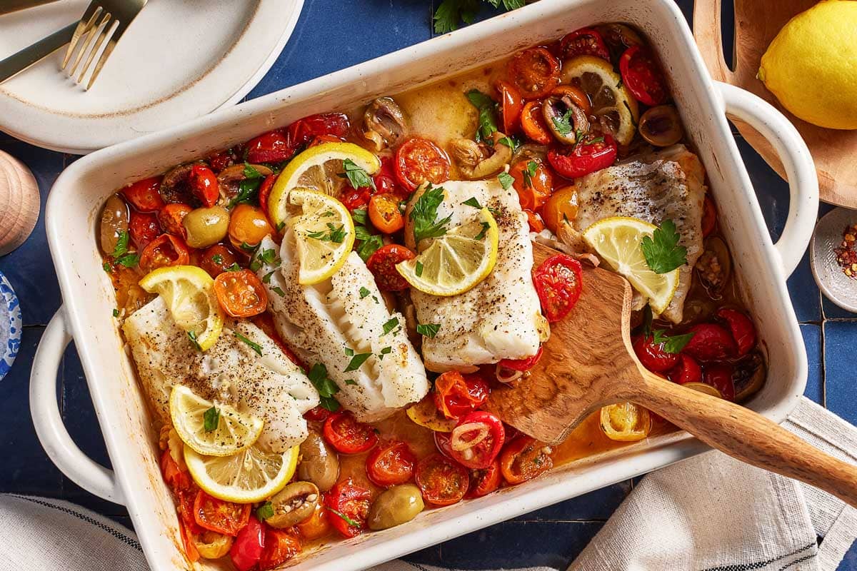 Baked cod with lemons.