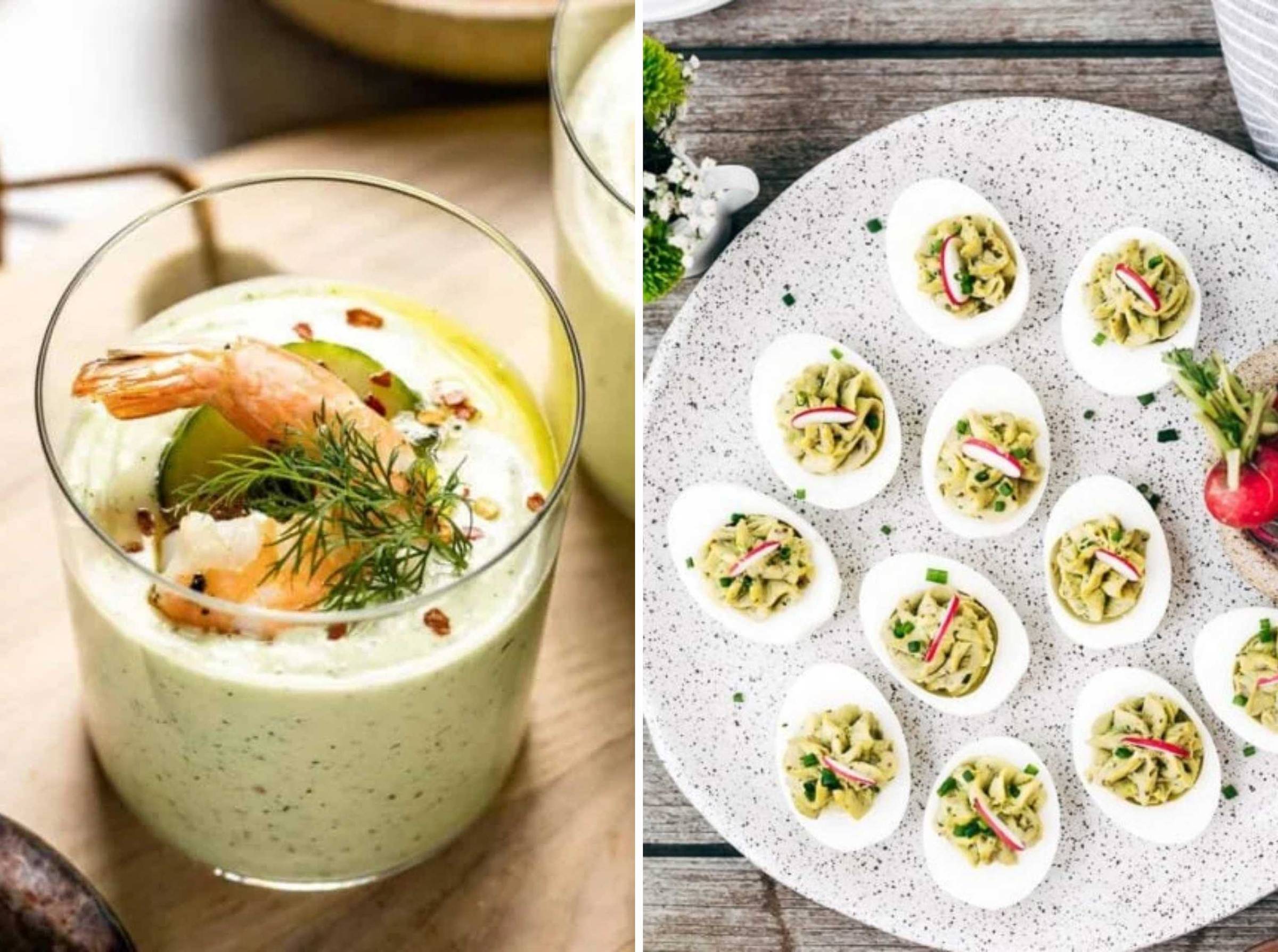 Cold cucumber soup and deviled eggs without mayo