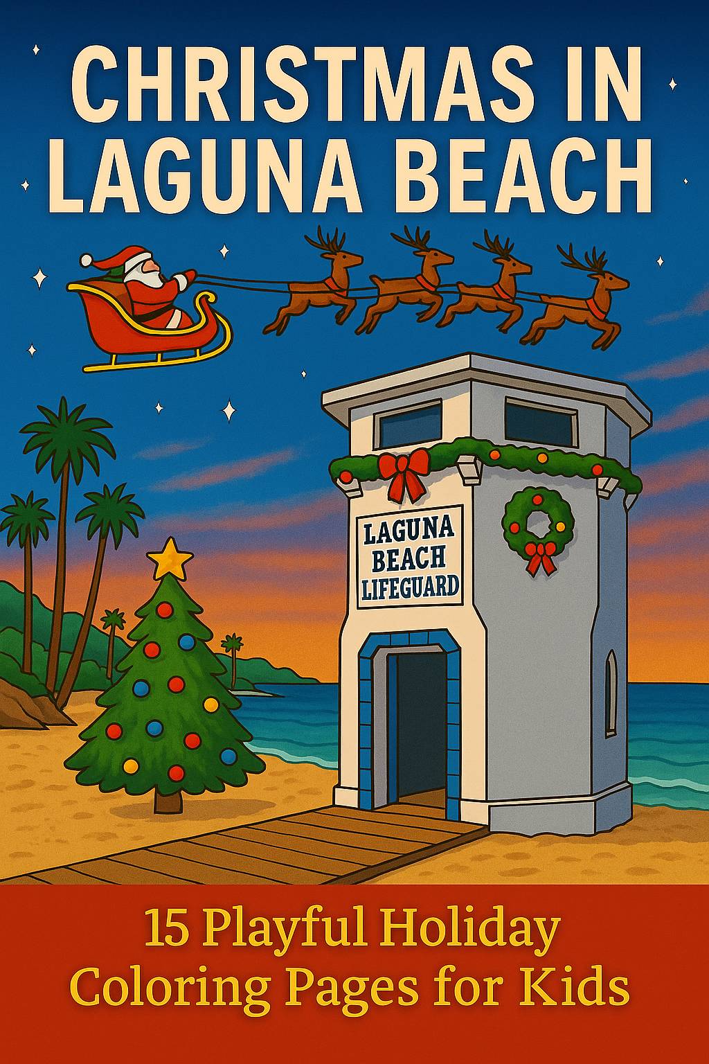 A colorful cartoon-like scene at a beach with a Christmas tree and a white tower that says "Laguna Beach Lifeguard."