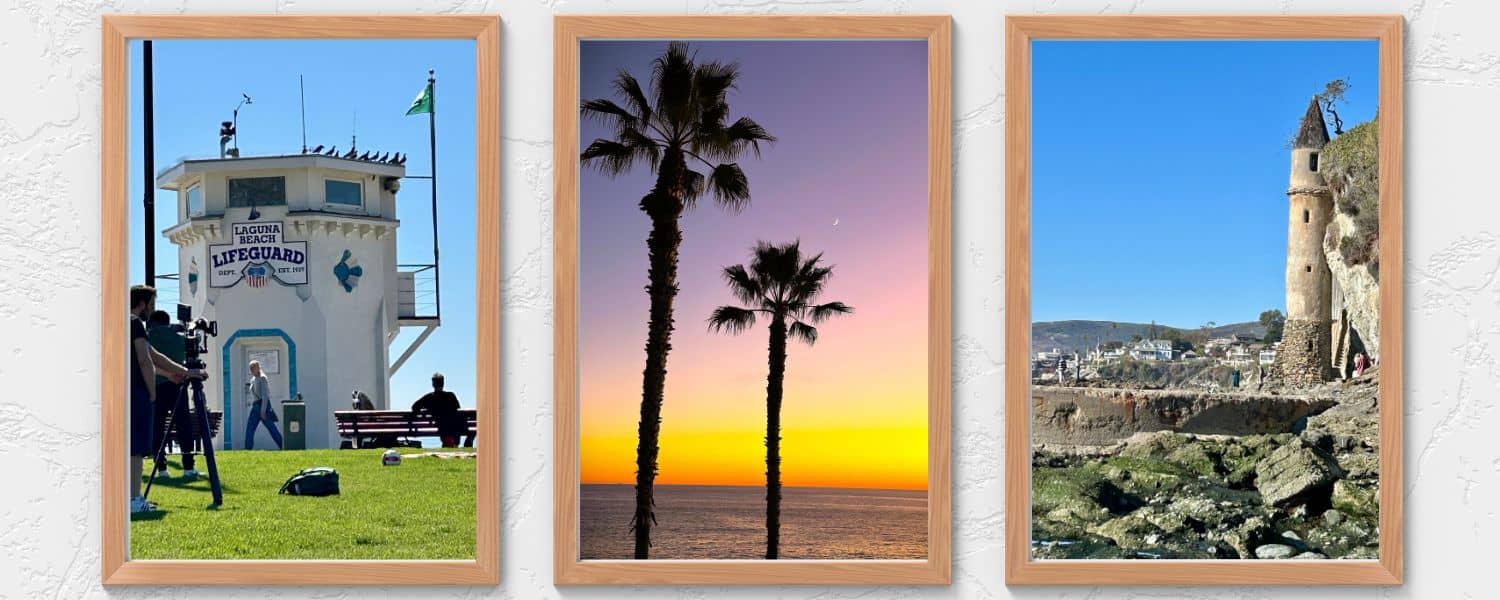 3 photos of beach scenes in Laguna Beach, California. Palm Trees. Lifeguard tower. Castle tower next to cliffs.