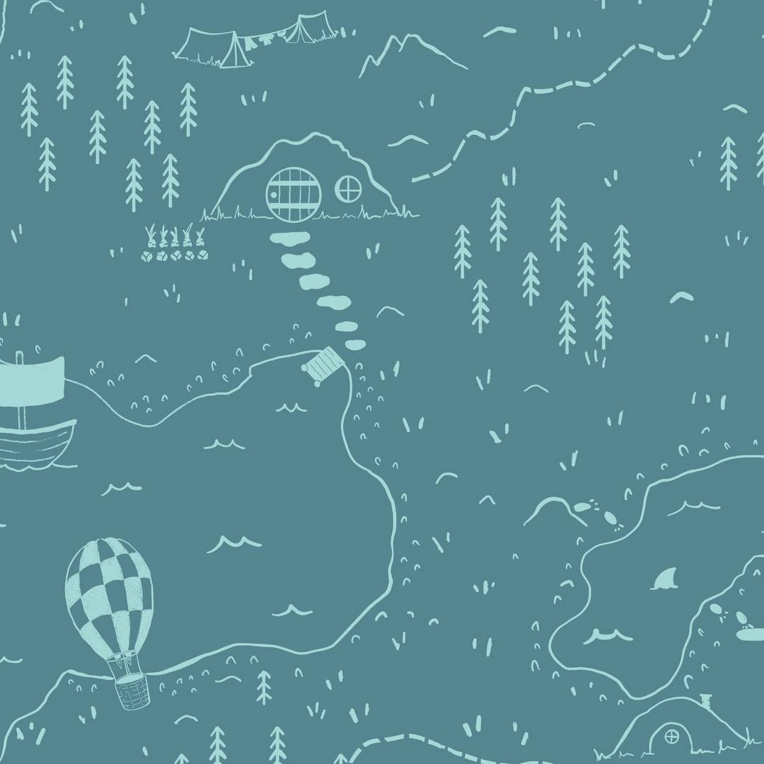 An excerpt of a pattern, showing a small hobbit style house, trees, hot air balloon, and a ship, along with mysterious footprints and other unusual details