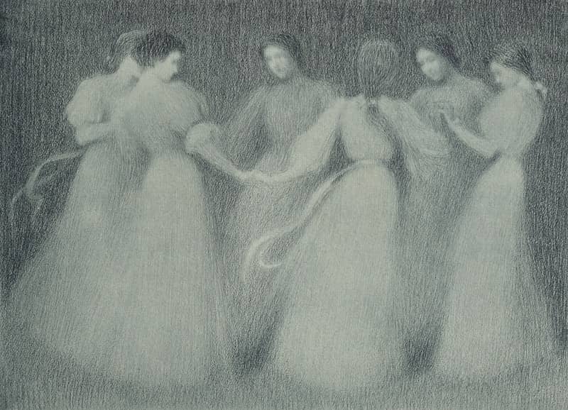 a drawing of a group of women in dresses